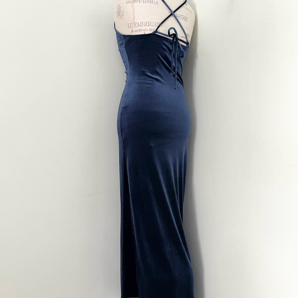 Midnight blue velvet formal dress gown with strappy back and high slit - Picture 2 of 16